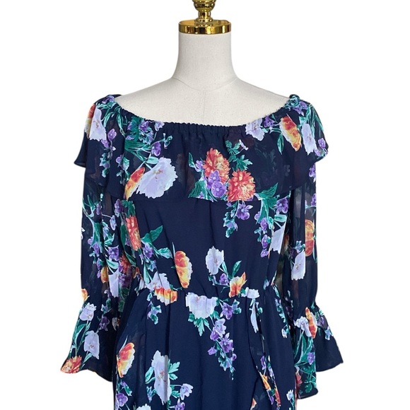 New York &Co Navy Floral Off-Shoulder Ruffled Summer Flowy Fairy Maxi Dress Sz M - Picture 11 of 14